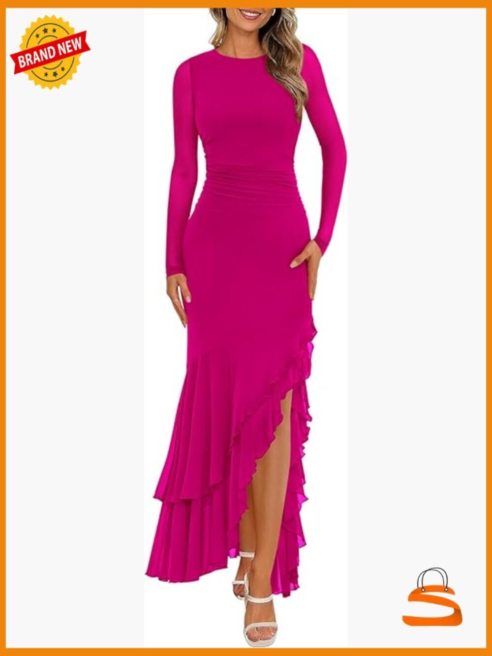 Long Sleeve Ruched Mermaid Maxi Dress Bodycon Cocktail Wedding Guest - Picture 1 of 7